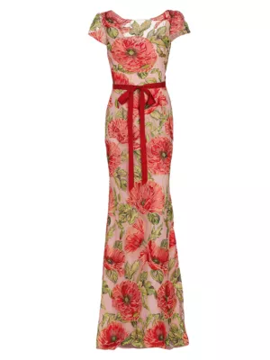 Marchesa Notte Women's Boatneck Embroidered Tulle Gown - Red Pink