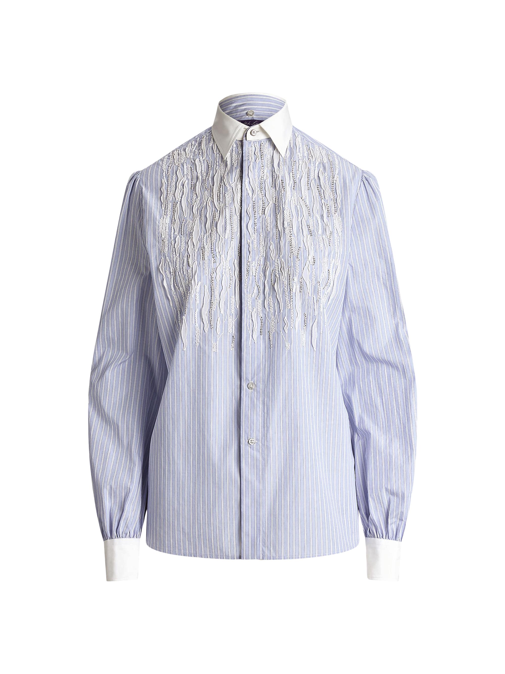 Ralph Lauren Collection Women's Lyndy Bengal Pinstriped Poplin Lace Shirt - Light Blue White