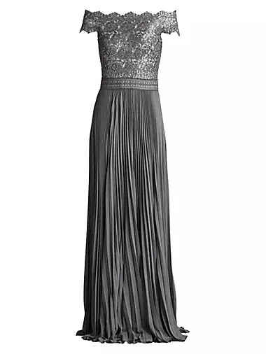 Sequin Corded Lace Pleated Chiffon Gown