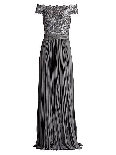 Sequin Corded Lace Pleated Chiffon Gown