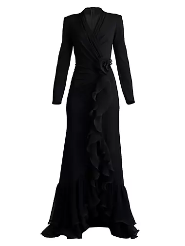 Ruffle-Trimmed Crepe Gown