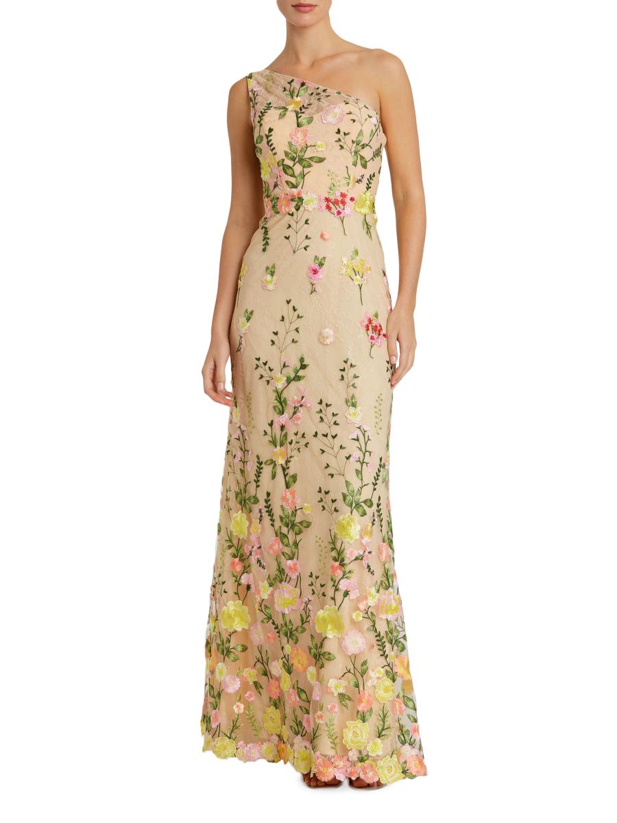 （US発）Mac Duggal ワンショルダーフラワー装飾ガウン Gold Embellished Floral Detail One Shoulder Gown - Mac Duggal