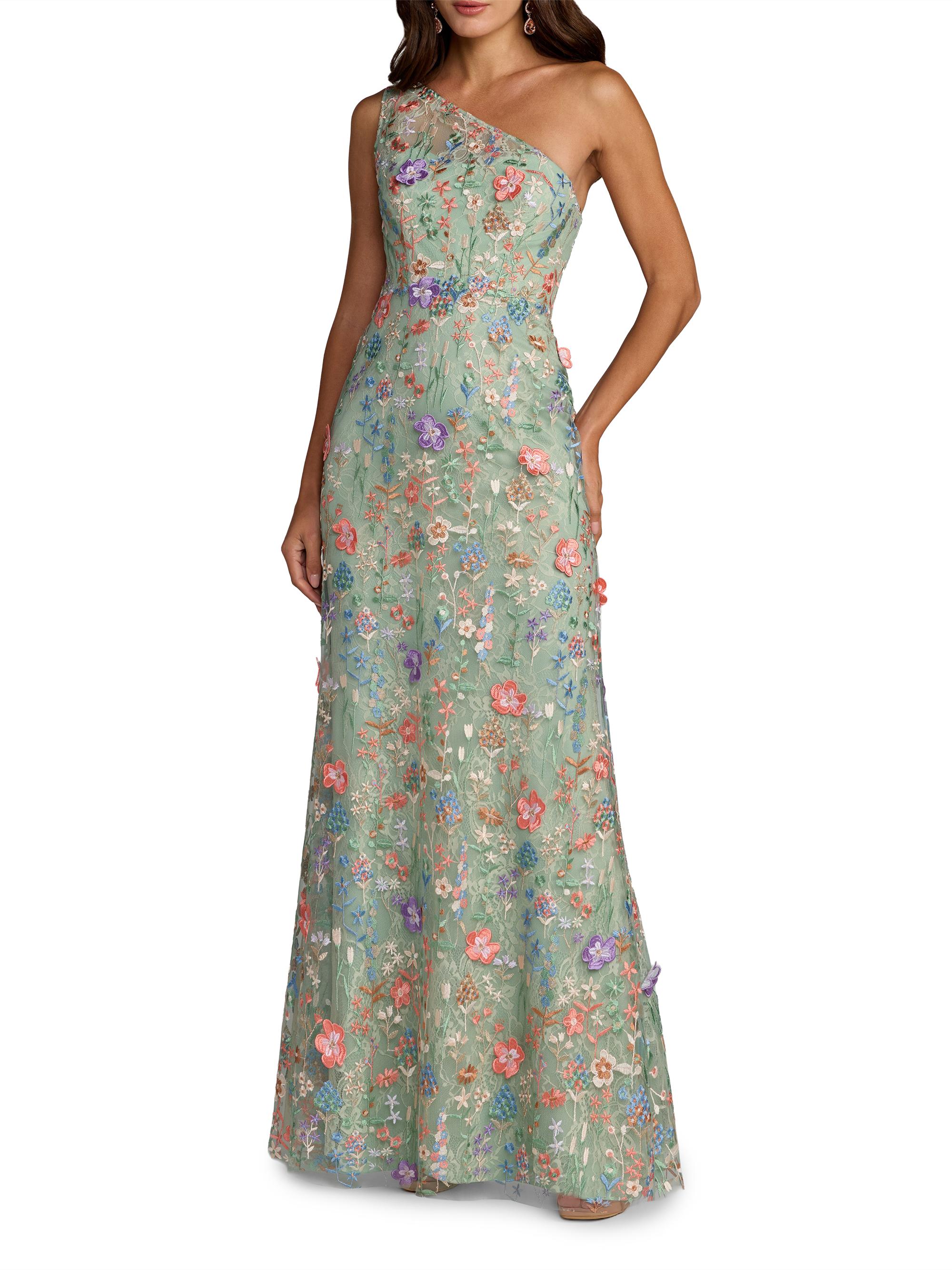 open lace back dress Green One Shoulder Brocade Midi Dress With Bow Detail main image 1