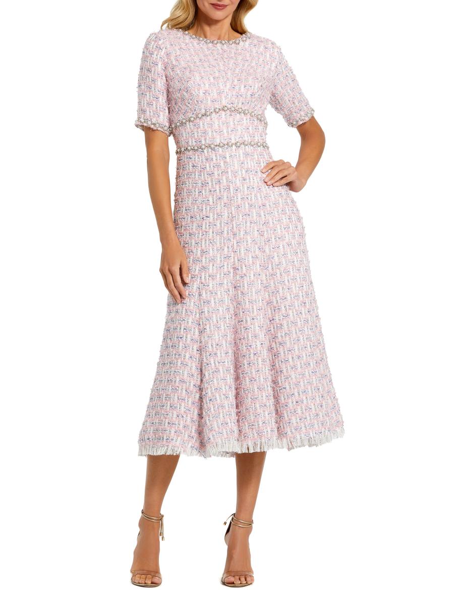 Mac Duggal Women's Beaded Tweed Midi-dress In Pink