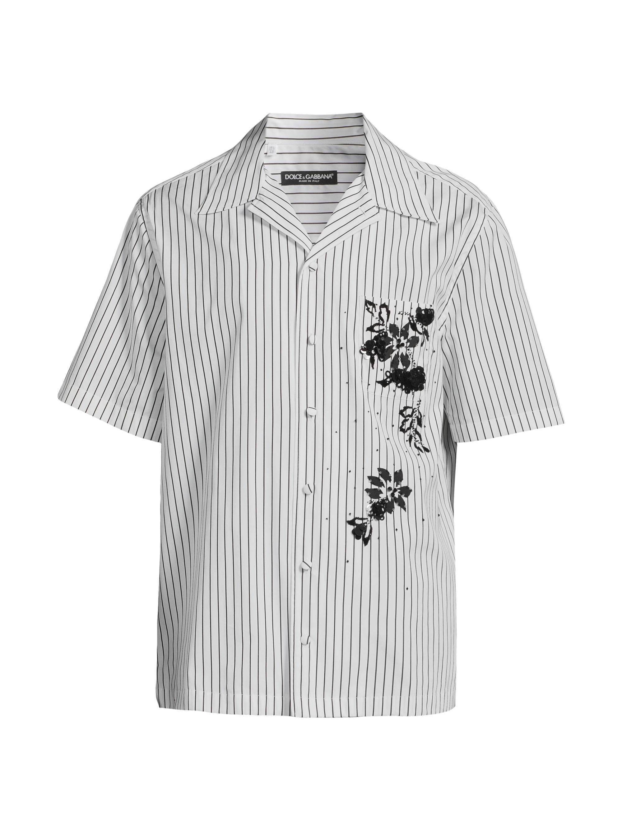 Dolce & Gabbana Men's Pinstriped & Sequin-Embellished Floral Cotton Button-Front Shirt - Variante Abbinata