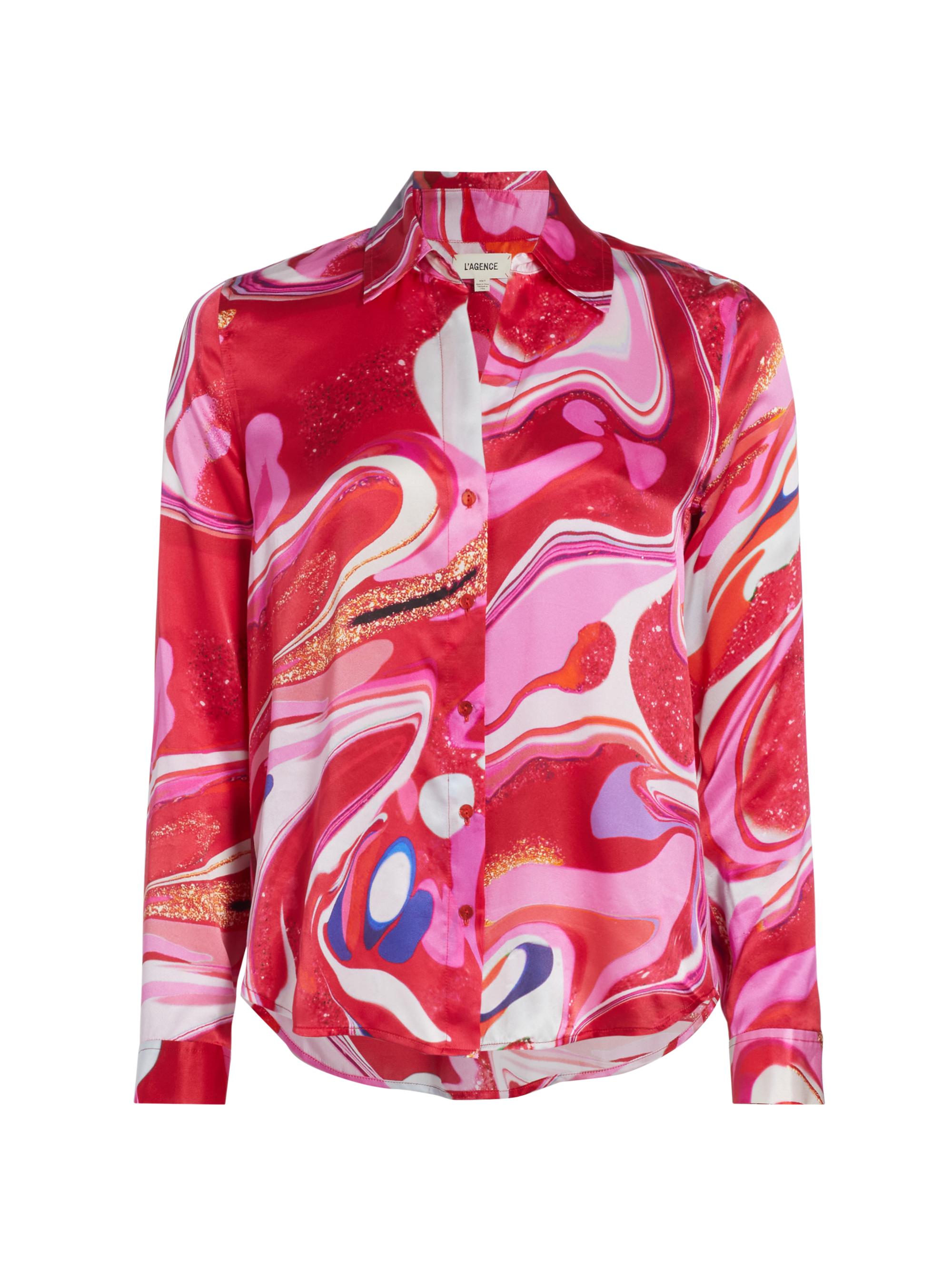 L'AGENCE Women's Tyler Swirl Silk Blouse - Pink Multi Tie Dye Swirl
