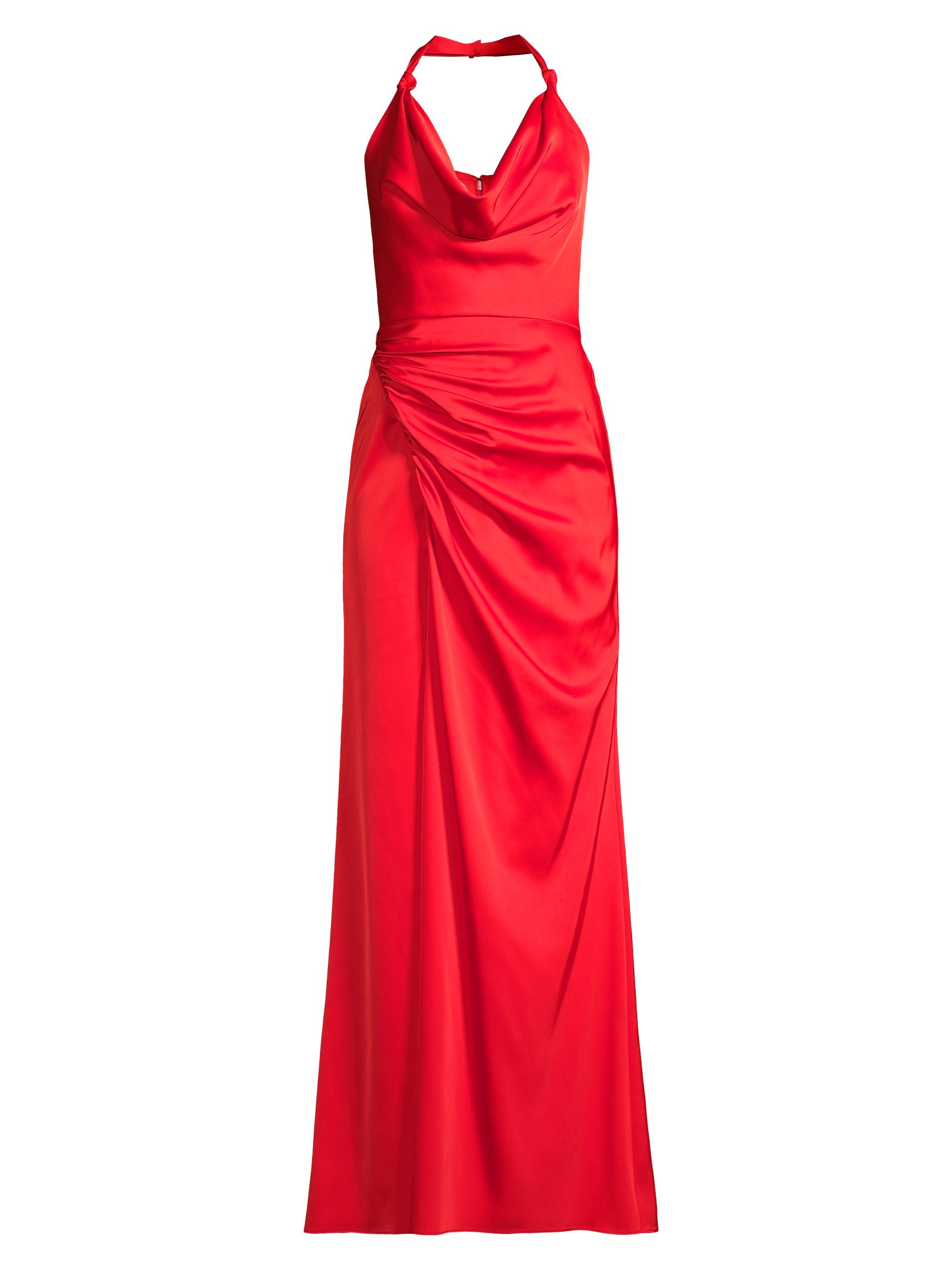 Liv Foster Women's Satin Stretch Cowlneck Halter Gown - Flame Red