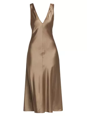 Shop Frame Savannah Silk Satin V-Neck Midi-Dress | Saks Fifth Avenue