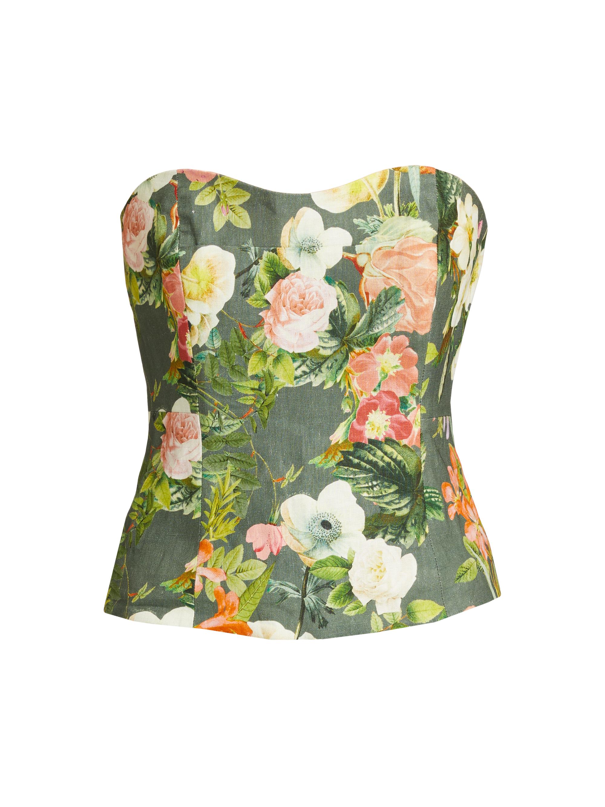 Cara Cara Women's Agnes Linen Bustier Top - Olive Kingston Floral