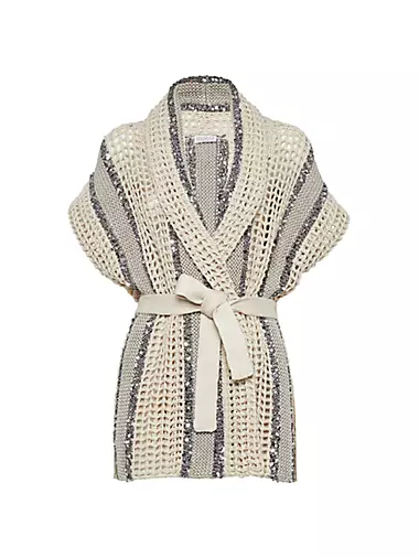 Dazzling Stripe Net Knit Cardigan In Jute, Linen, Cotton And Silk With Belt