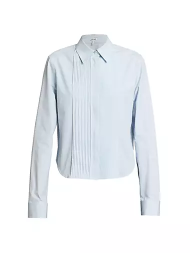 Pleated Cotton Button-Up Long-Sleeve Shirt