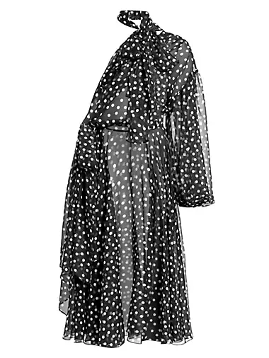 Sheer Polka Dot Chiffon Silk One-Shoulder Midi Dress