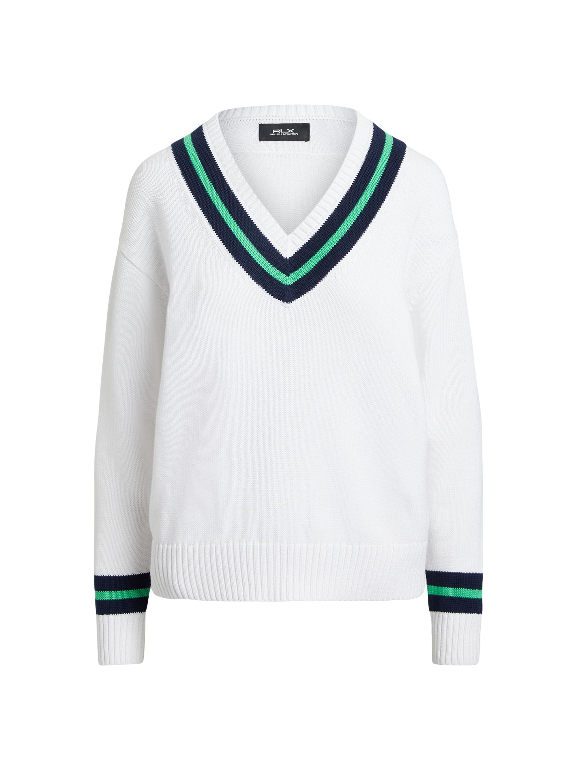 RLX Ralph Lauren Women's Cricket Striped Cotton Sweater - White Rfnd Navy Course Green