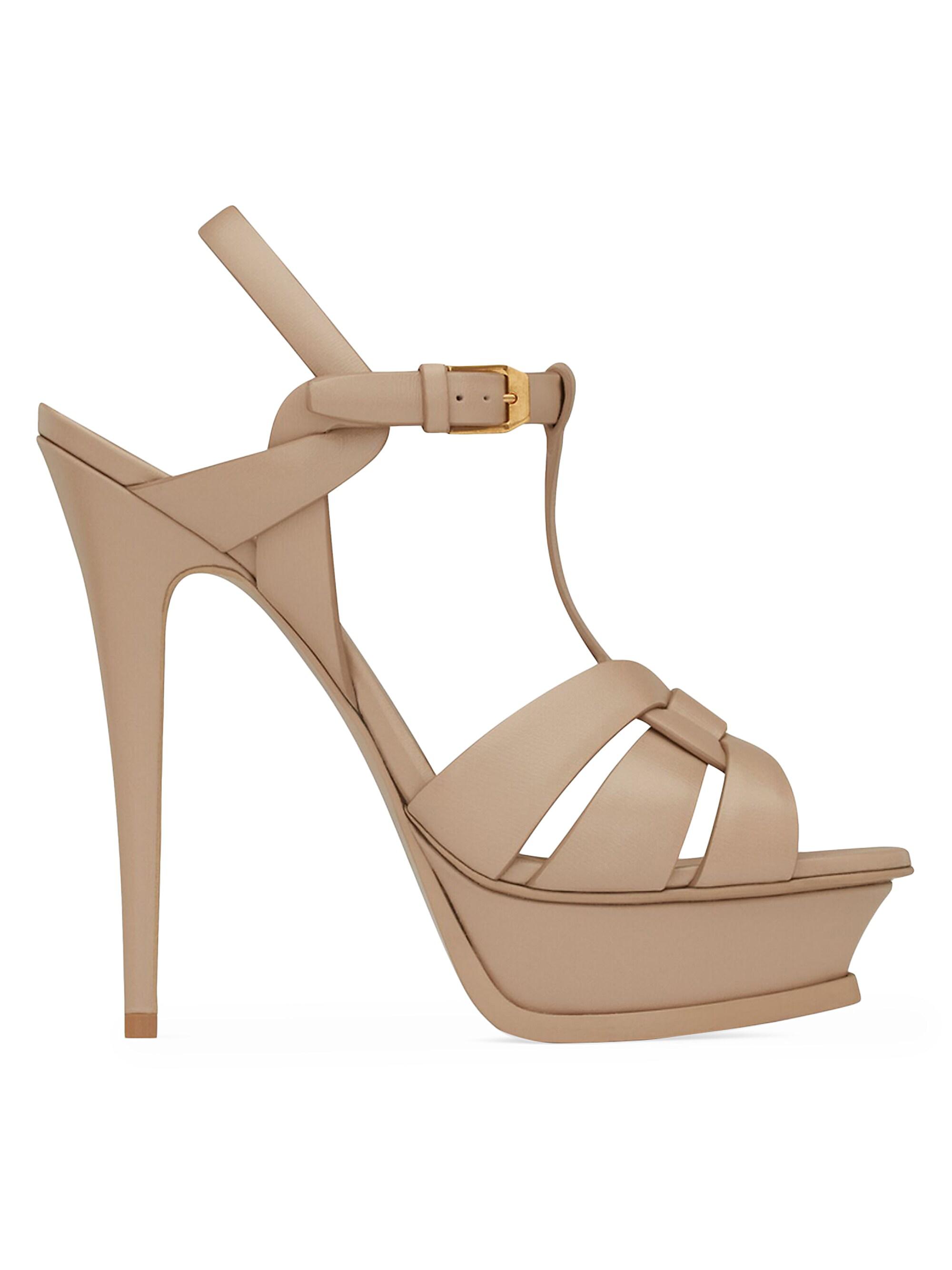 Saint Laurent Women's Tribute Platform Sandals in Smooth Leather - Dark Beige