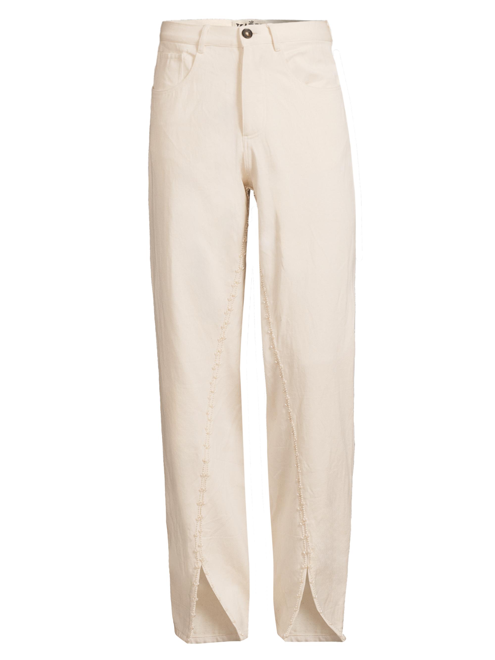 Kartik Research Men's Split Embroidered Beaded Jeans - Ecru Pearl