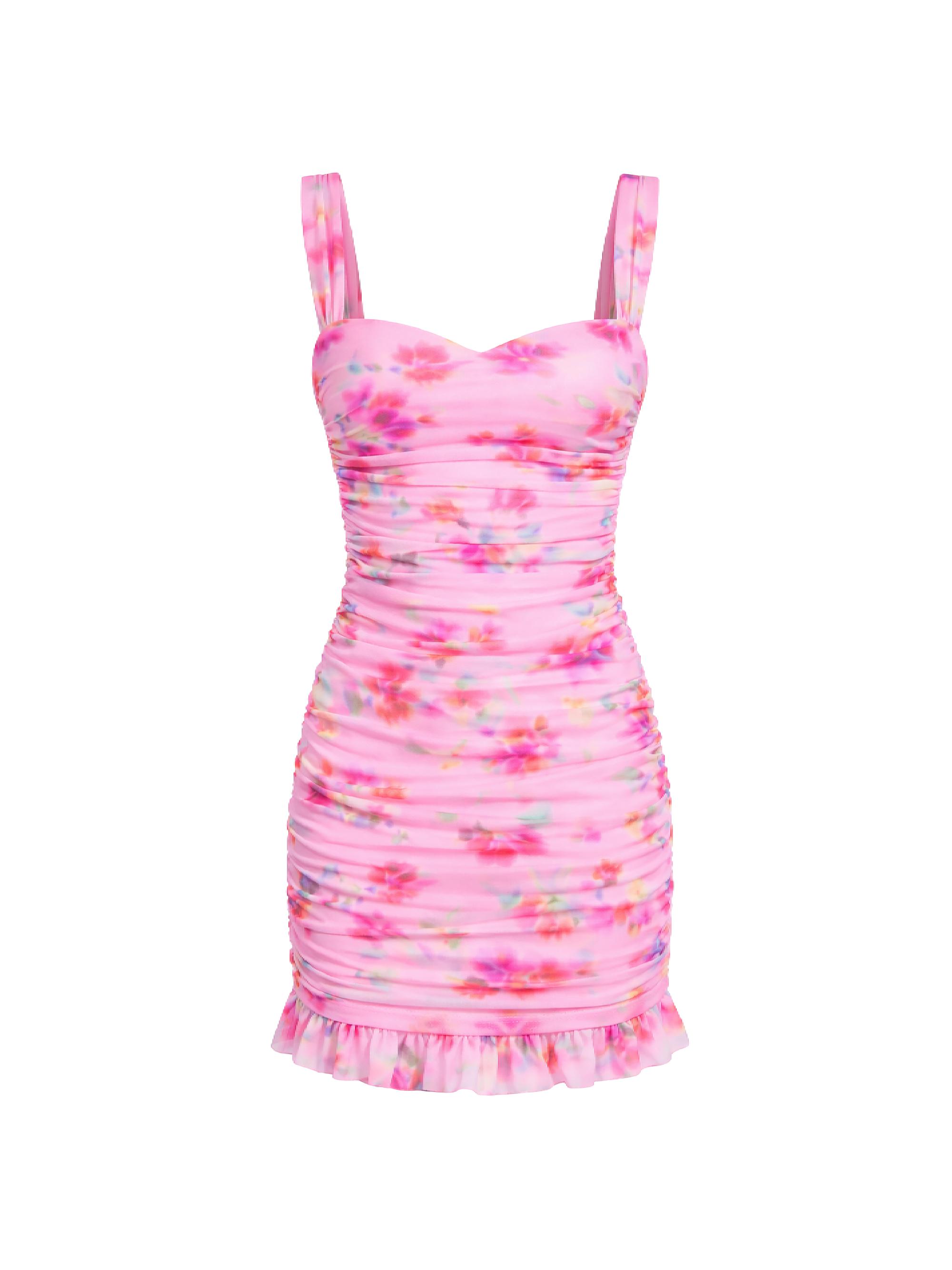 KatieJ NYC Girl's Joey Rose Printed Ruched Dress - Pink Watercolor