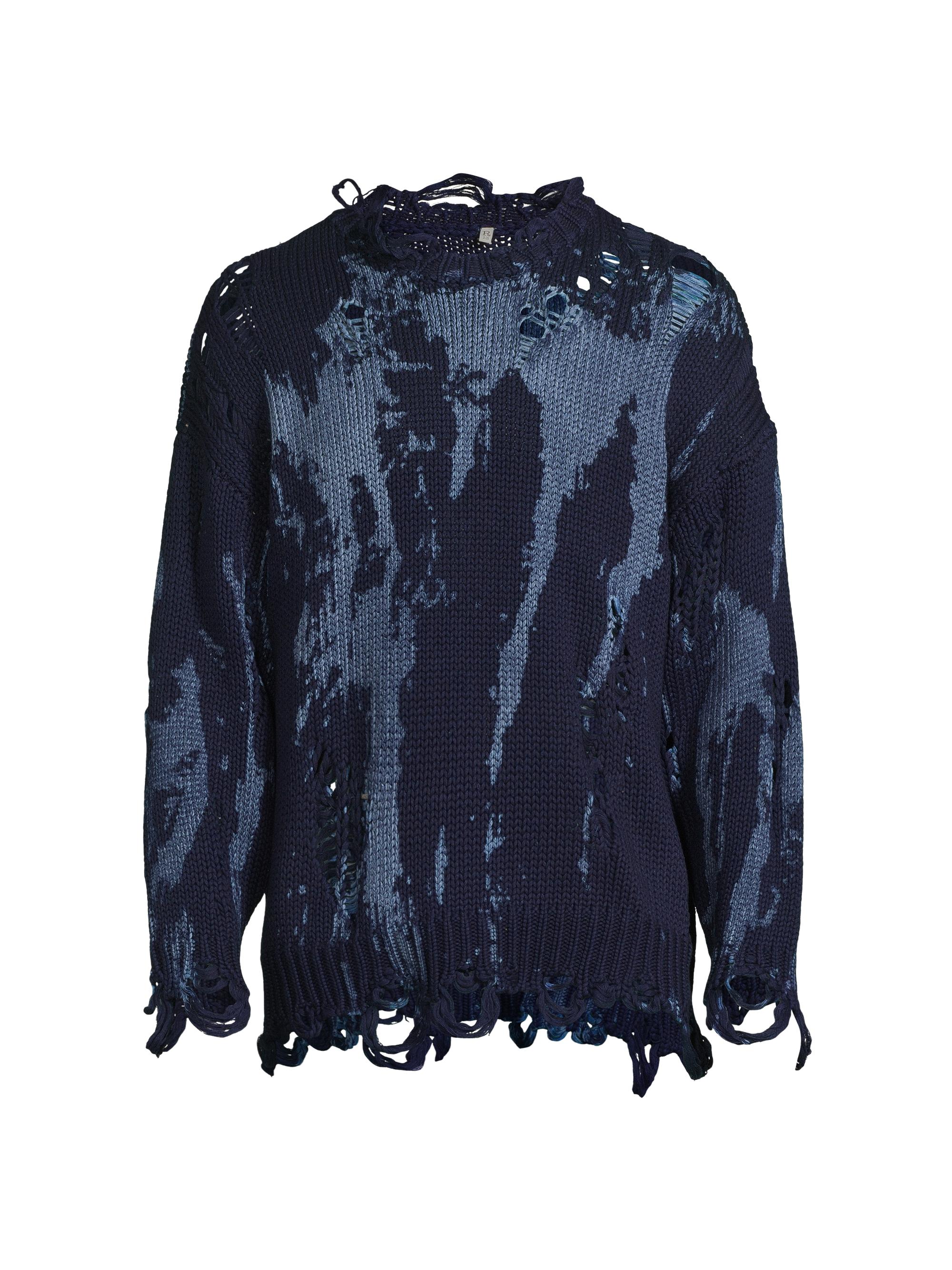 R13 Men's Distressed Cotton Oversized Sweater - Blue Splatter