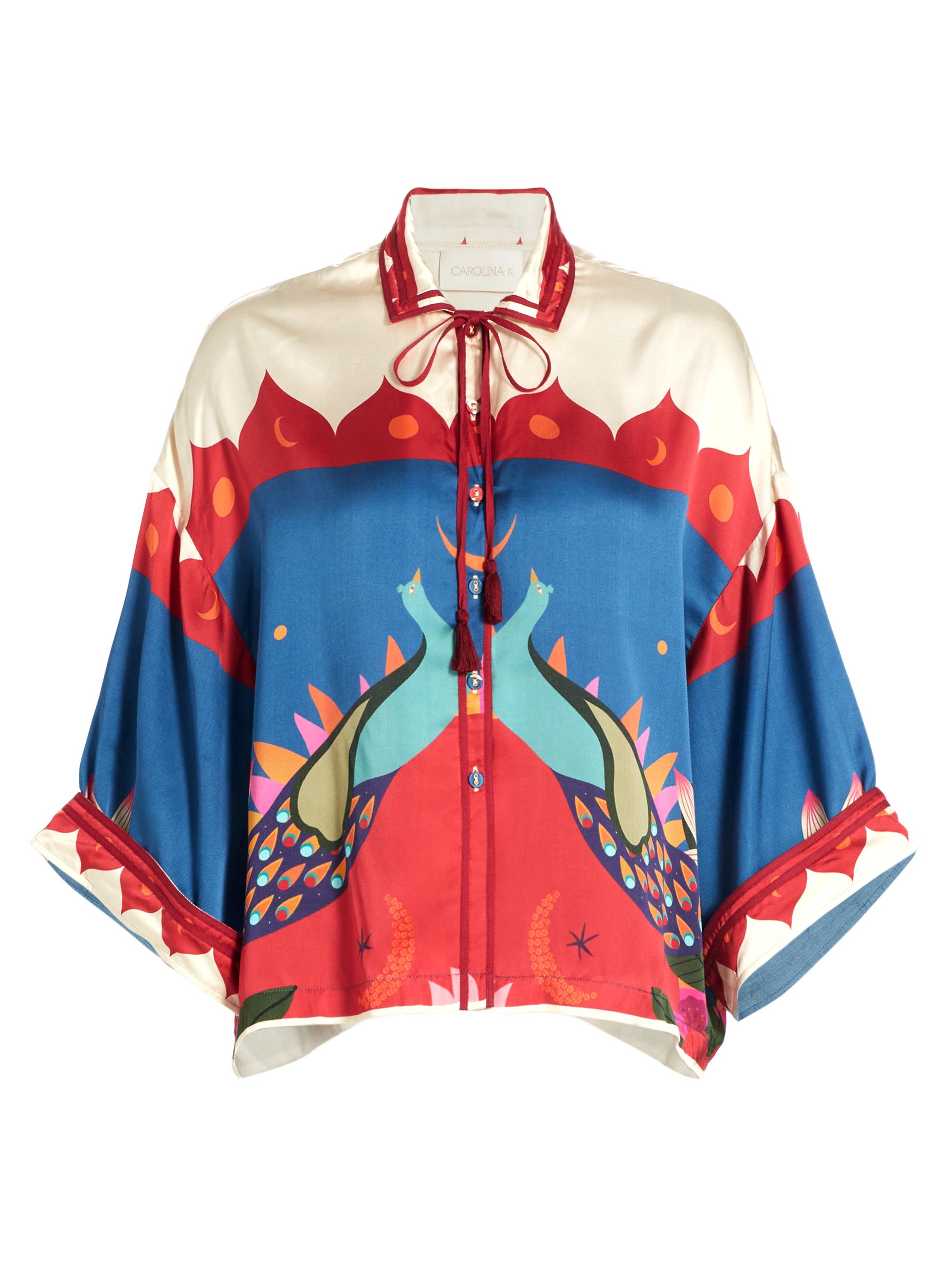 Carolina K Women's Peacock-Print Satin Shirt - Peacock Hamsa