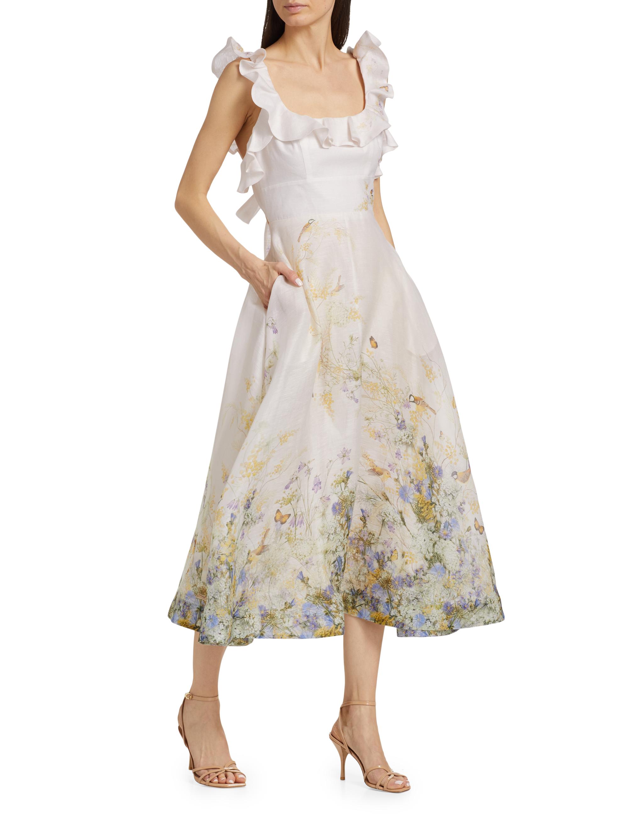 Zimmermann Harmony Linen-Silk Ruffled Midi-Dress