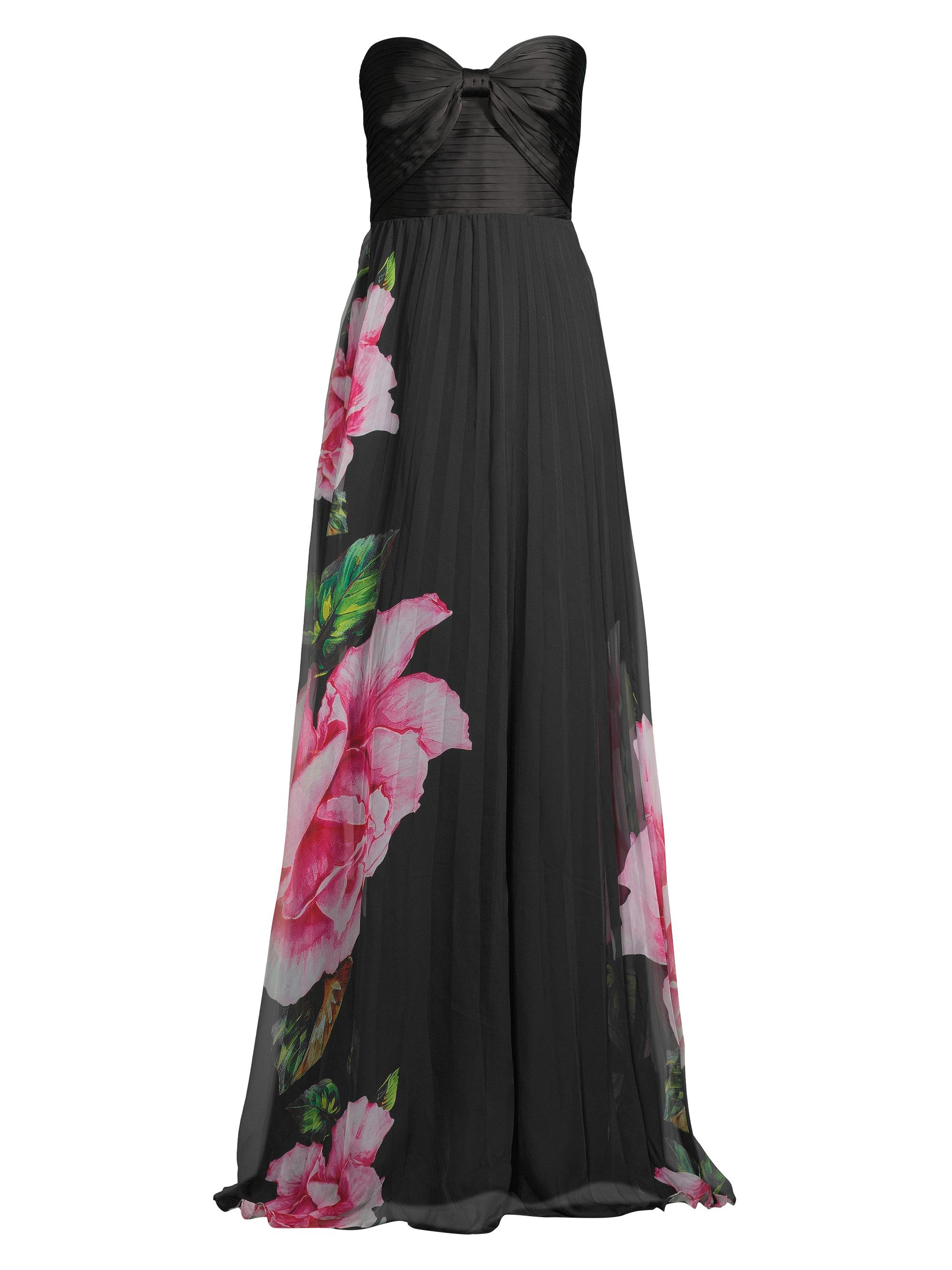 One33 Social Women's Floral Graphic Pleated Chiffon Strapless Gown - Black Multi