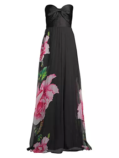 Floral Graphic Pleated Chiffon Strapless Gown