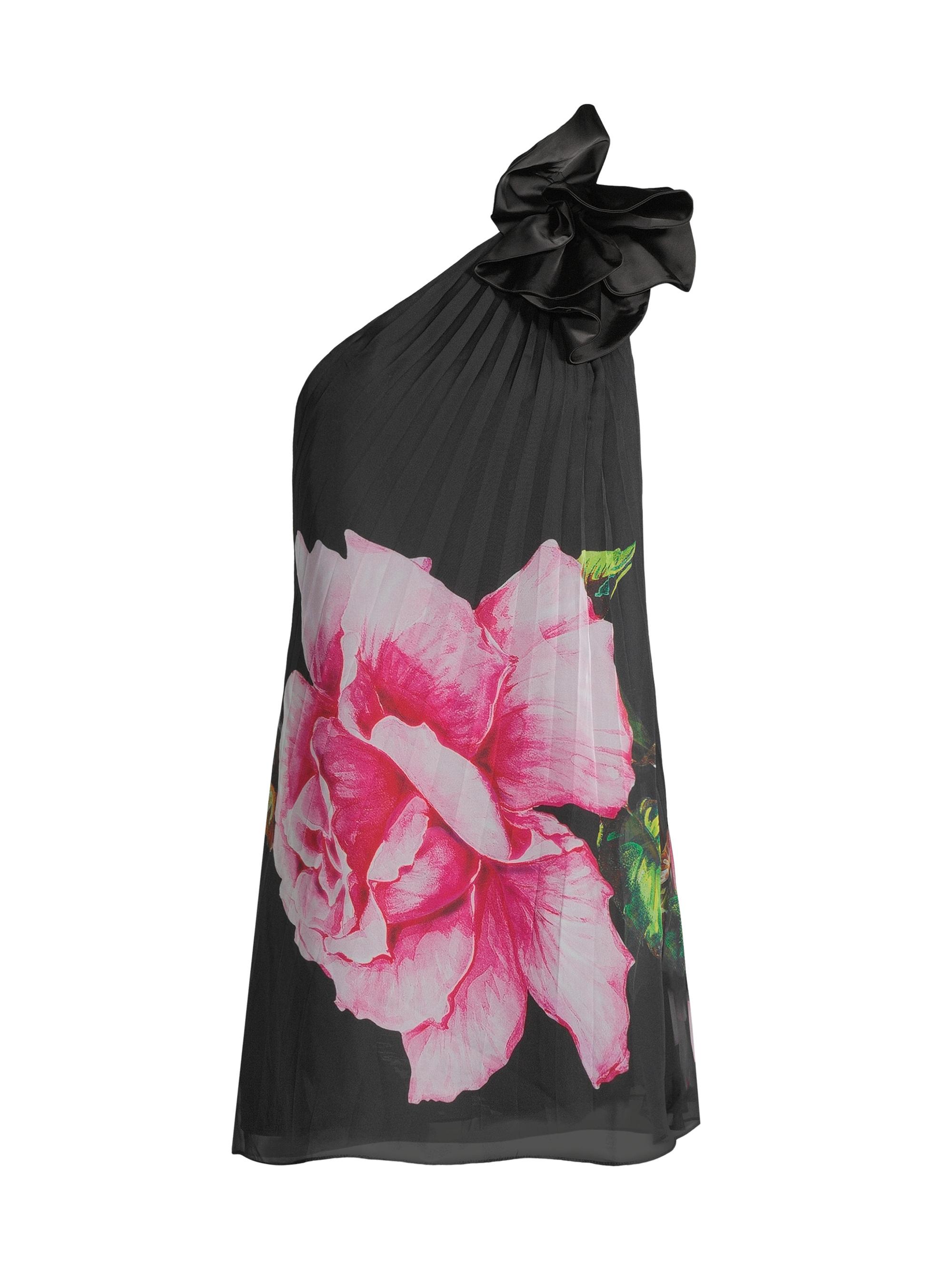 One33 Social Women's Floral Graphic Pleated Chiffon One-Shoulder Minidress - Black Multi
