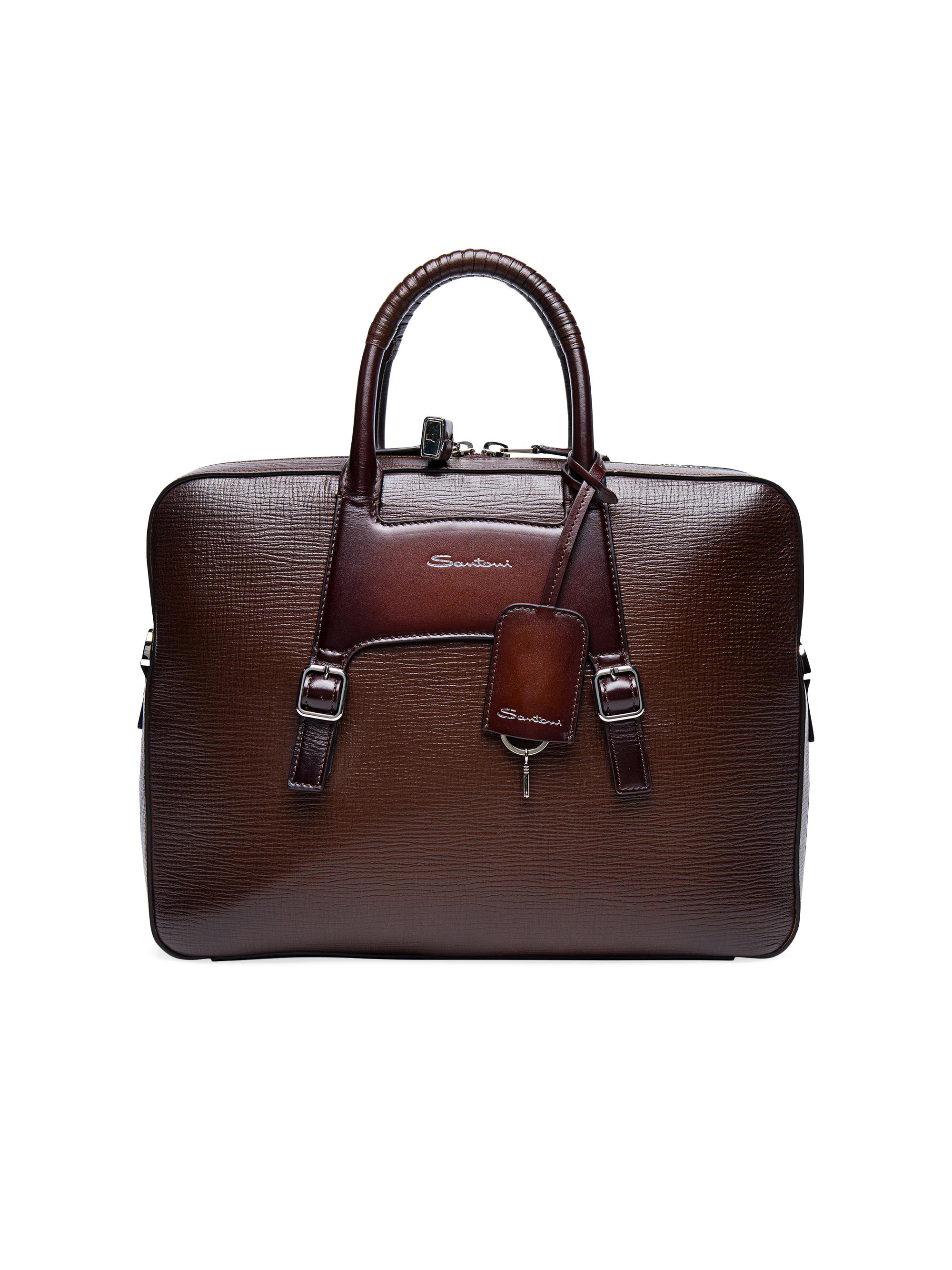 Santoni Men's Leather Buckle Briefcase - Dark Brown