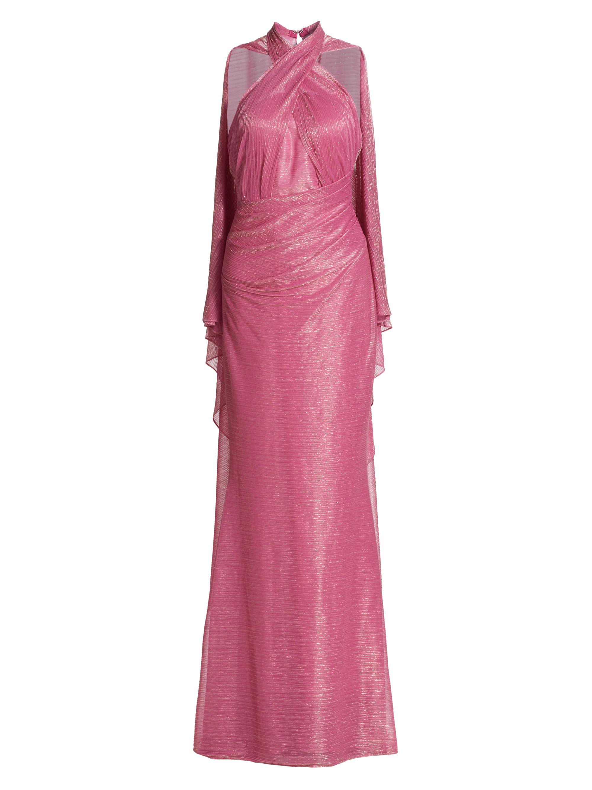 Talbot Runhof Women's Metallic Voile Halter Cape Gown - Azalea