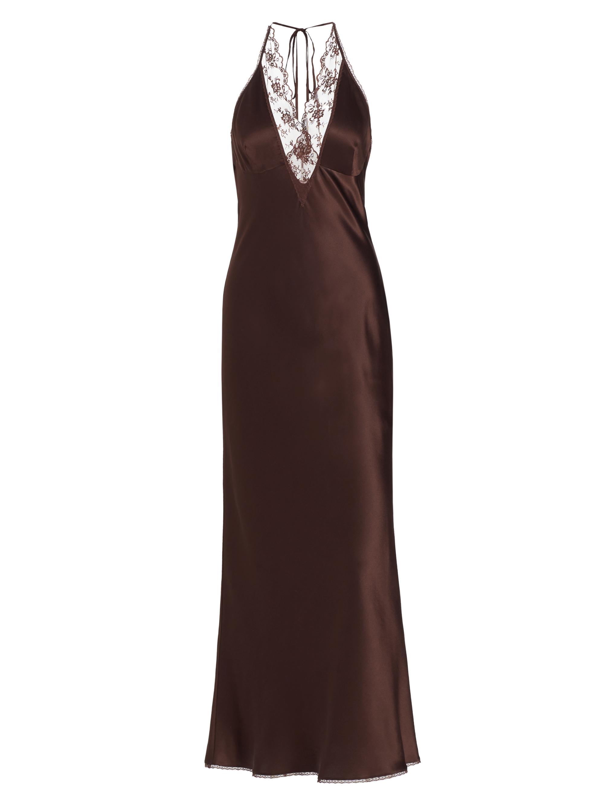 SIR. Women's Aries Lace-Trimmed Silk Halterneck Gown - Chocolate