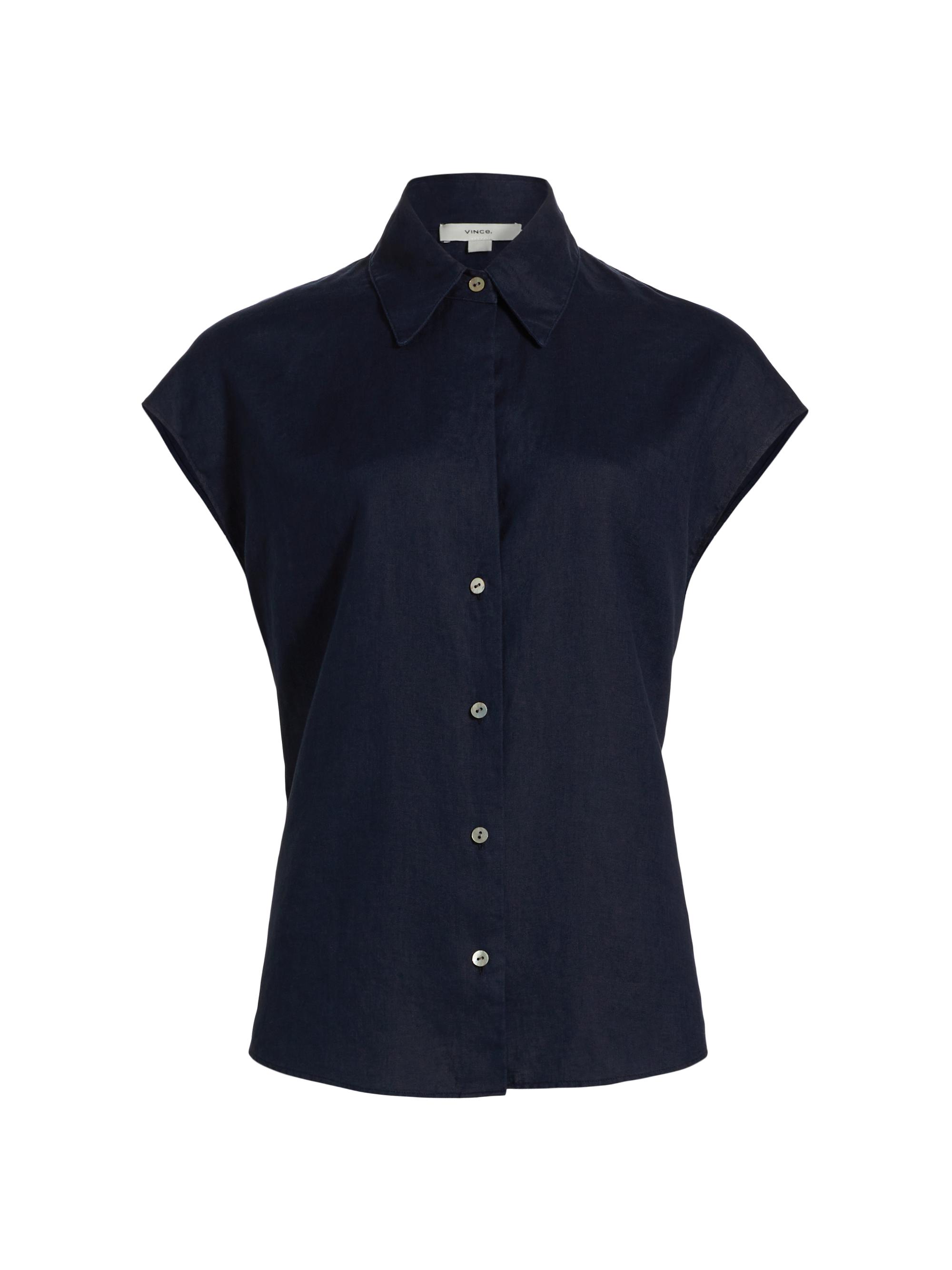 Vince Women's Linen Cap-Sleeve Blouse - Coastal Blue