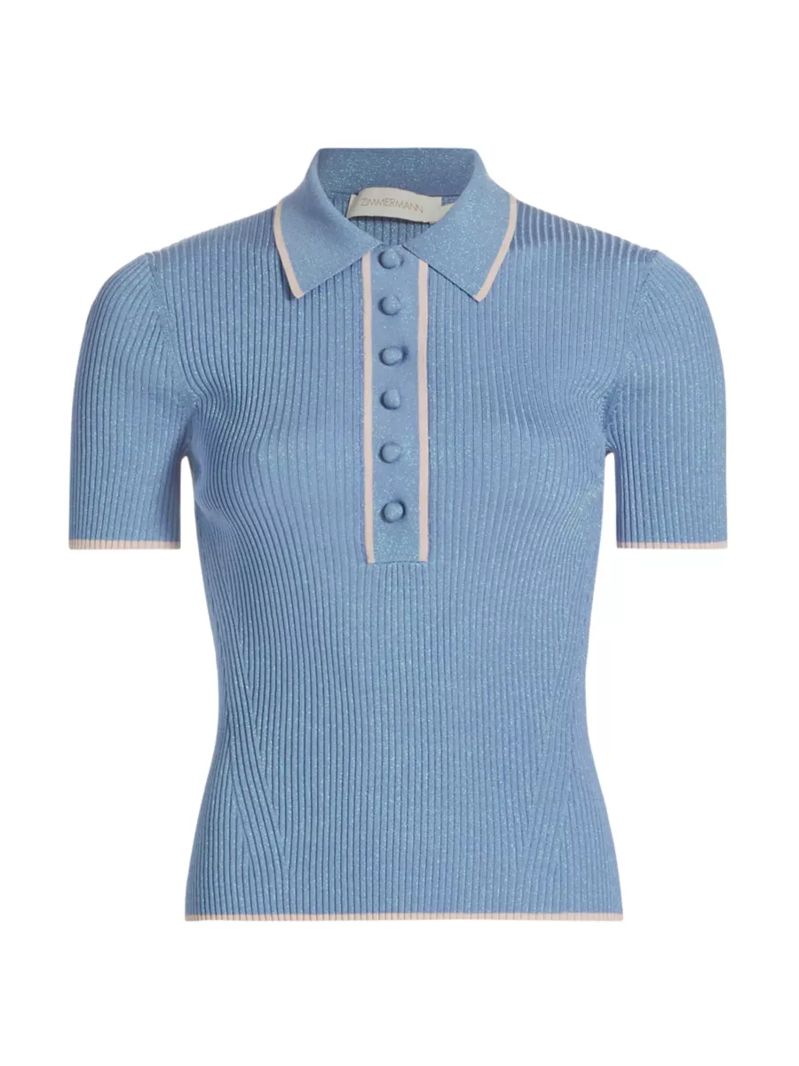 Shop Zimmermann Metallic Rib-Knit Short-Sleeve Polo Sweater Shop Zimmermann Metallic Rib-Knit Short-Sleeve Polo Sweater