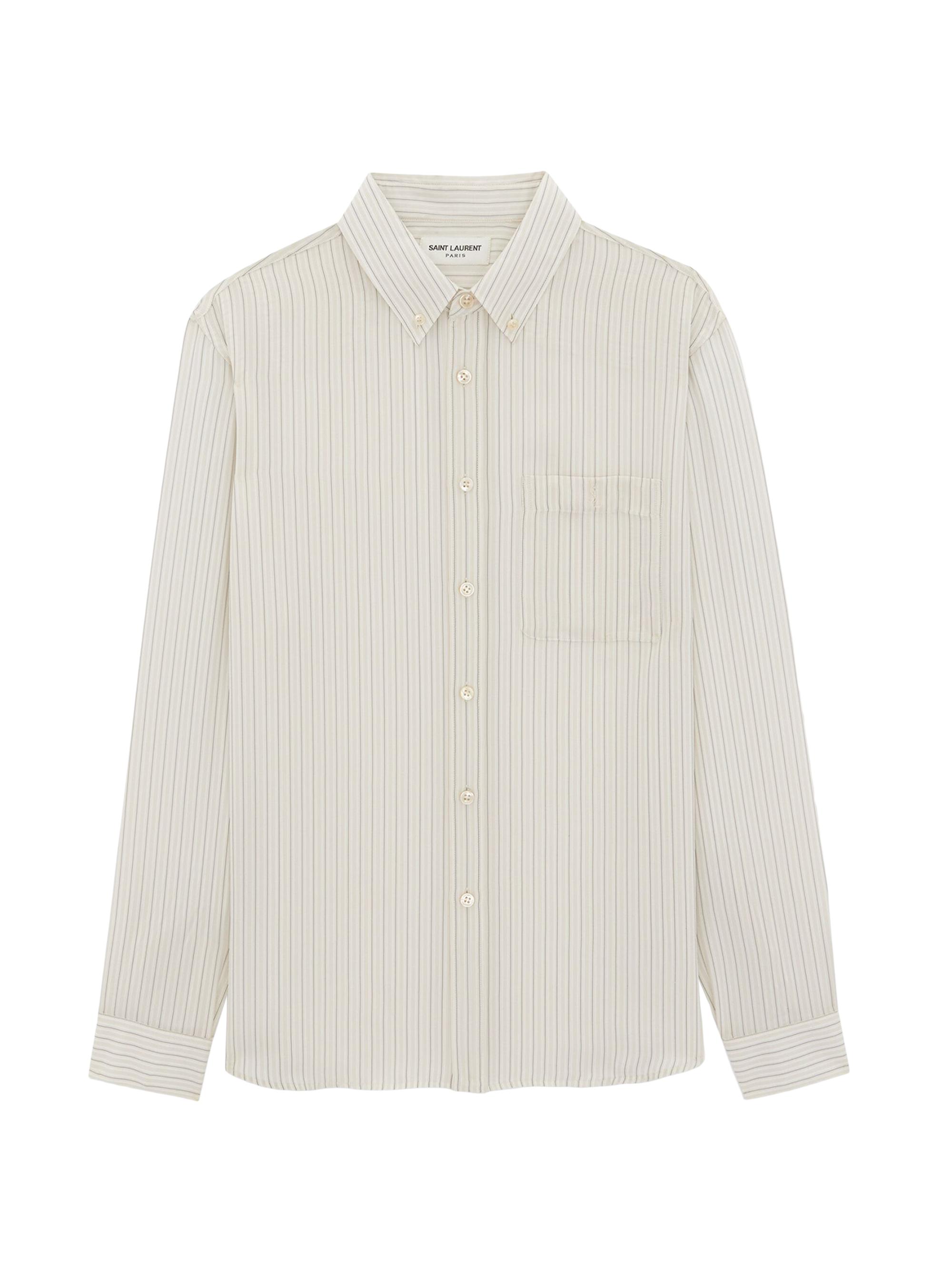 Saint Laurent Men's Cassandre Shirt In Striped Silk Satin - Beige Gris Noir