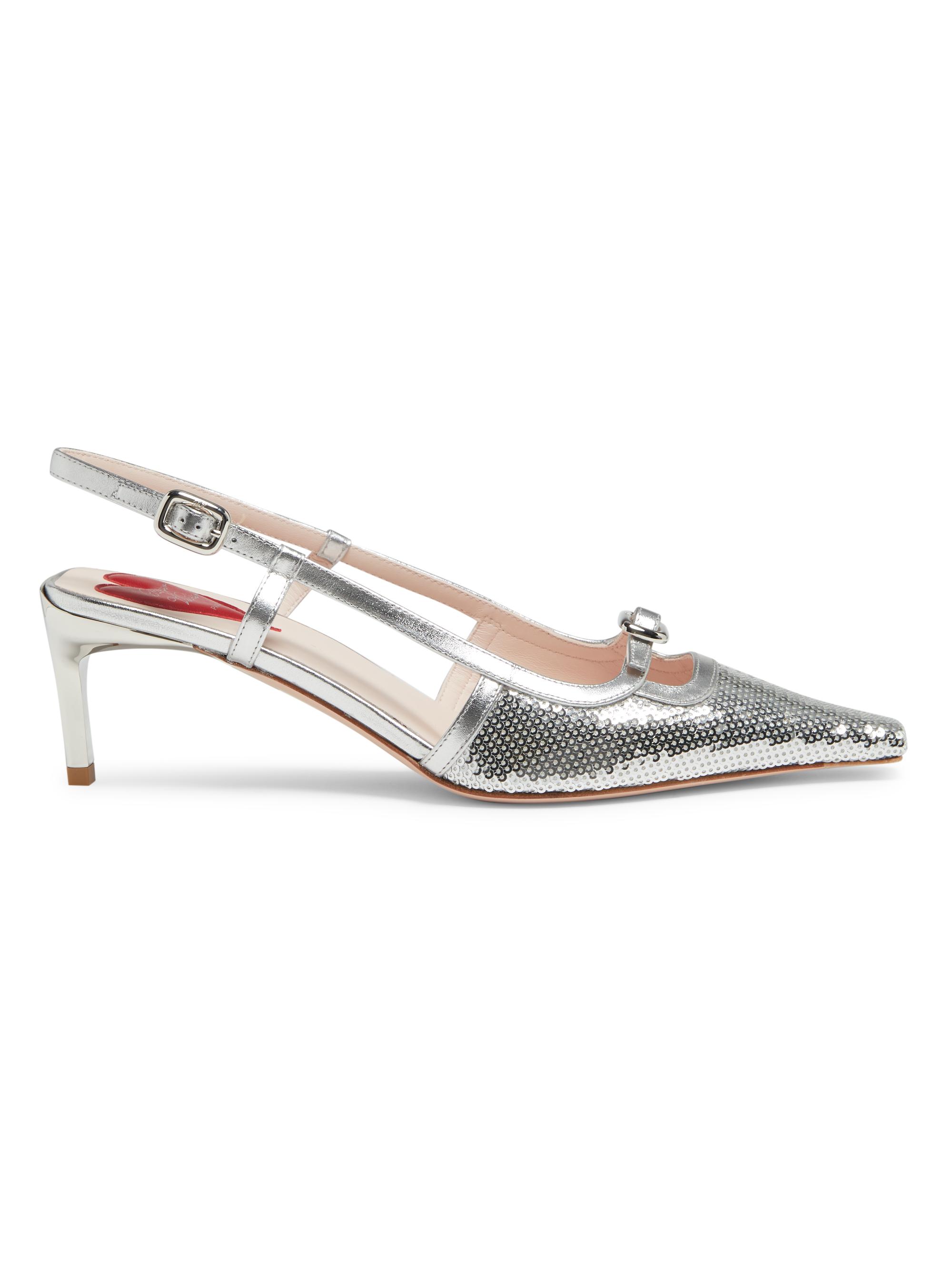 Roger Vivier Women's Mini Buckle 50MM Sequined Leather Slingback Pumps - Silver