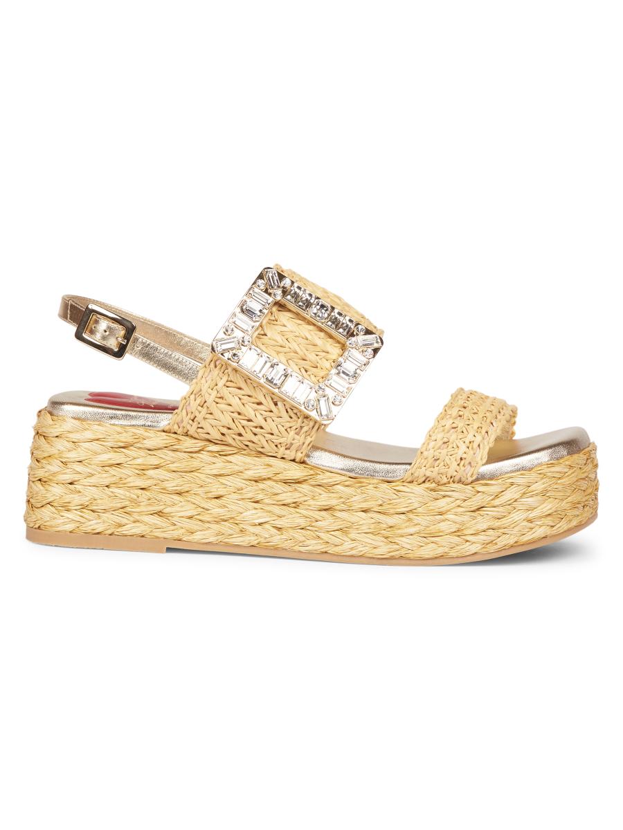 Roger Vivier Strass Buckle 60MM Raffia Wedge Sandals | Saks