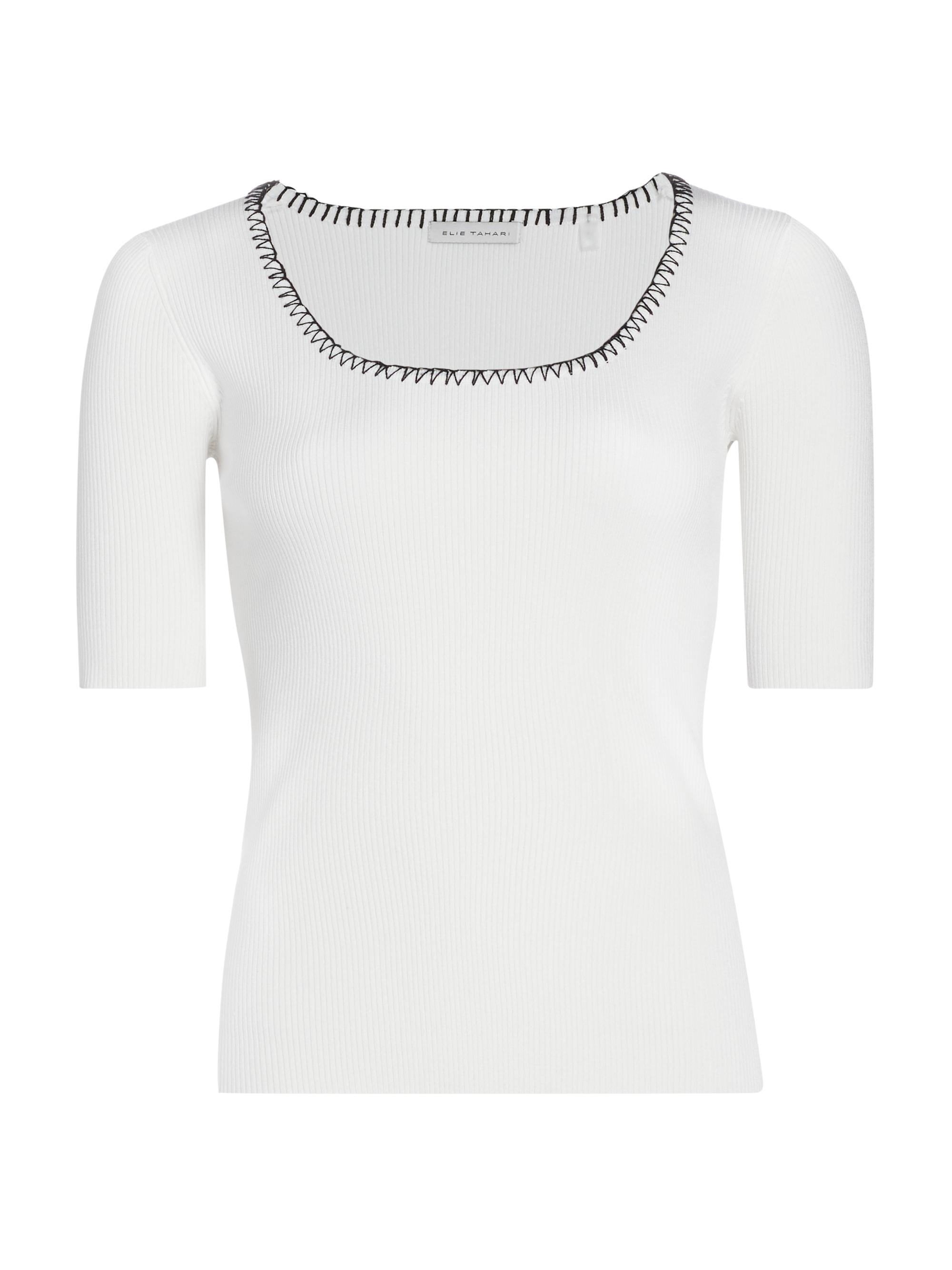 Elie Tahari Women's The Valo Whipstitch Sweater - Sky White With Noir