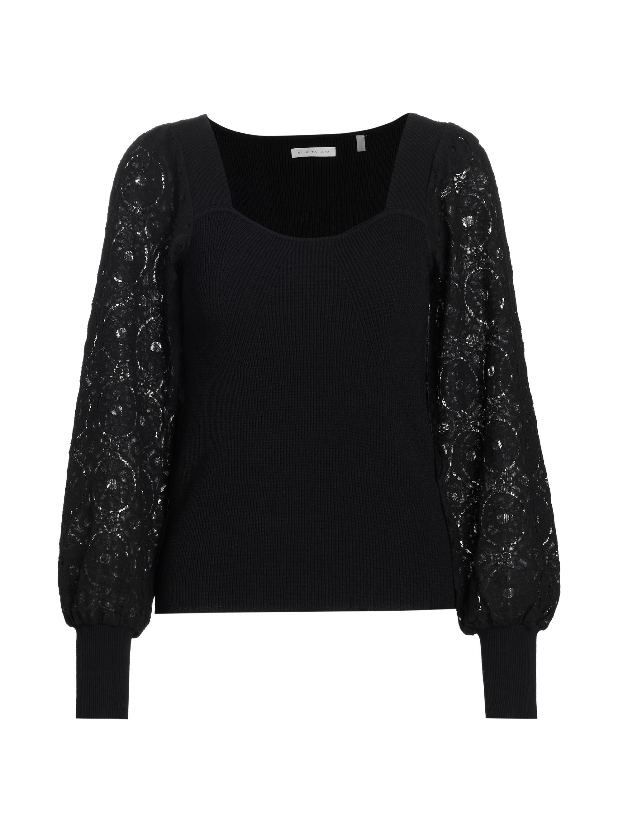 Elie Tahari Women's The Waverly Lace-Sleeve Sweater - Noir