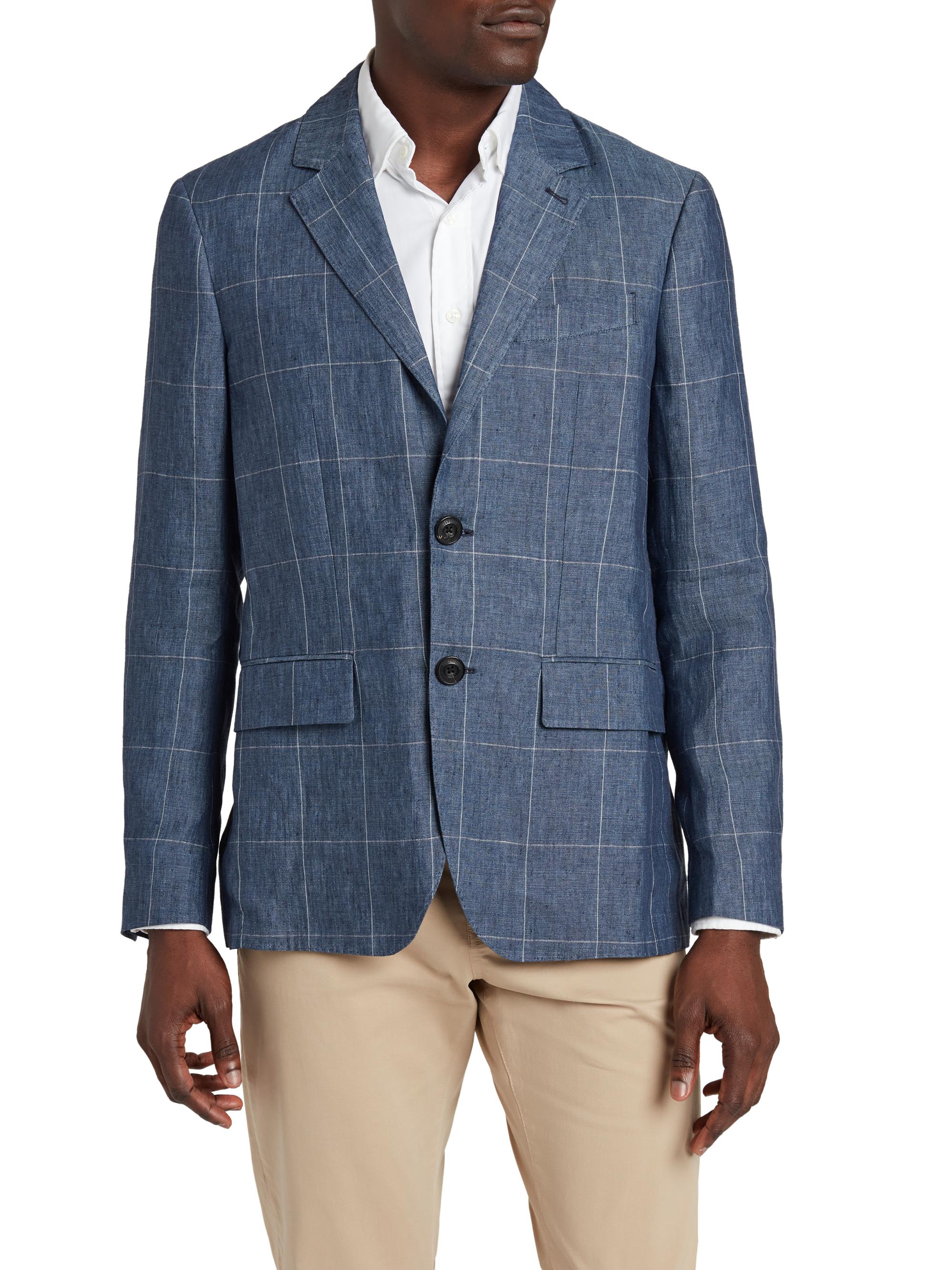 Faherty Brand Men's Reserve Windowpane Linen Two-Button Blazer - Blue Steel Plaid