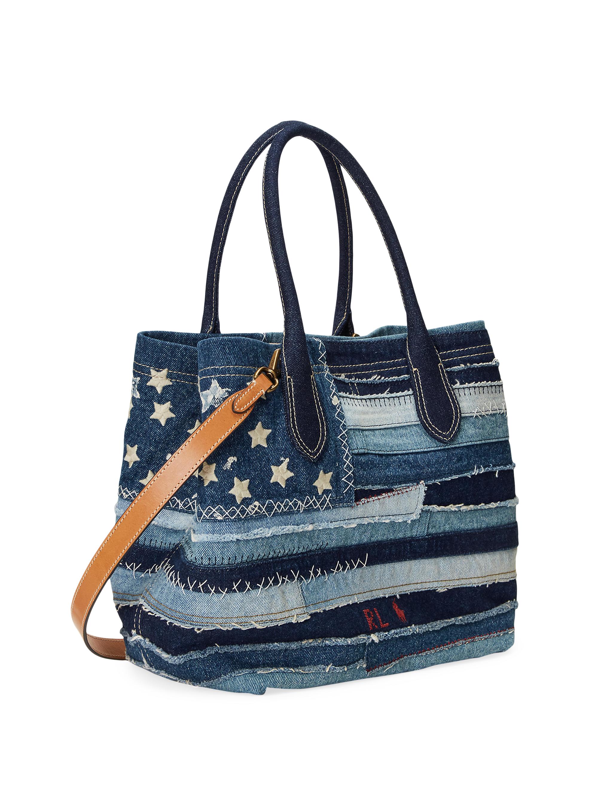 Polo Ralph Lauren Reversible Medium Striped Denim & Leather Tote