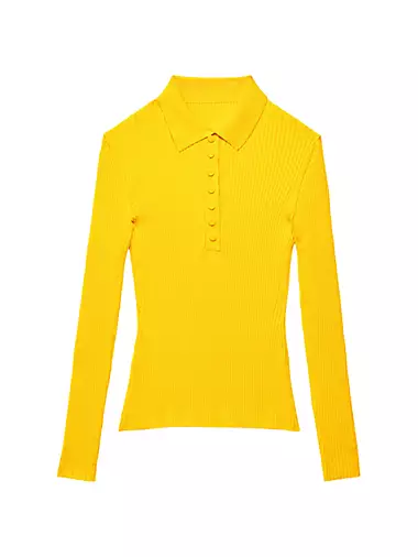 Rib-Knit Long-Sleeve Polo Shirt