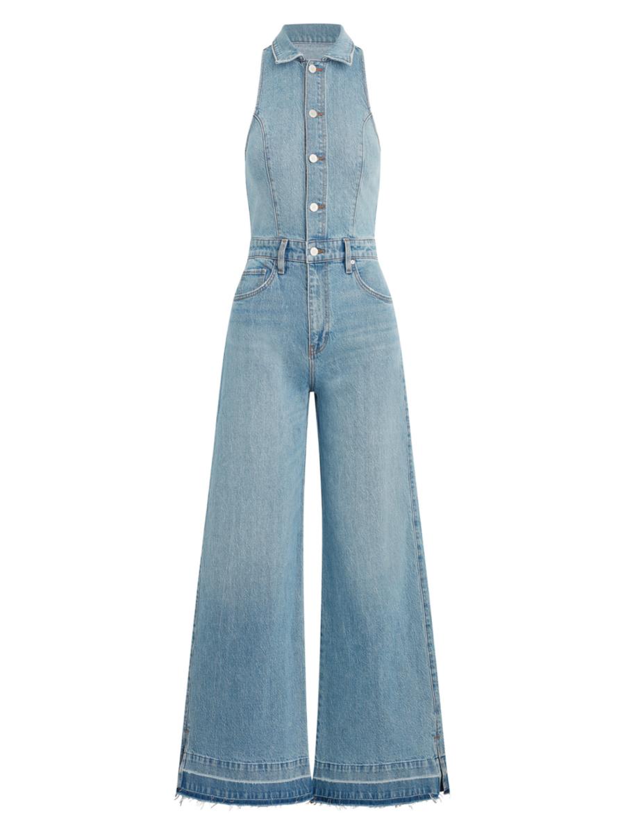 Buy Sosandar Light Blue Zip Front Wide Leg Denim Jumpsuit