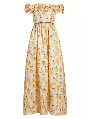 Agua by Agua Bendita Women's Espliego Bisuteria Floral Frill Off-the-Shoulder Maxi Dress