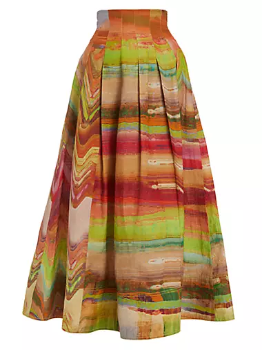 Alessandra Painterly Linen-Blend A-Line Midi-Skirt