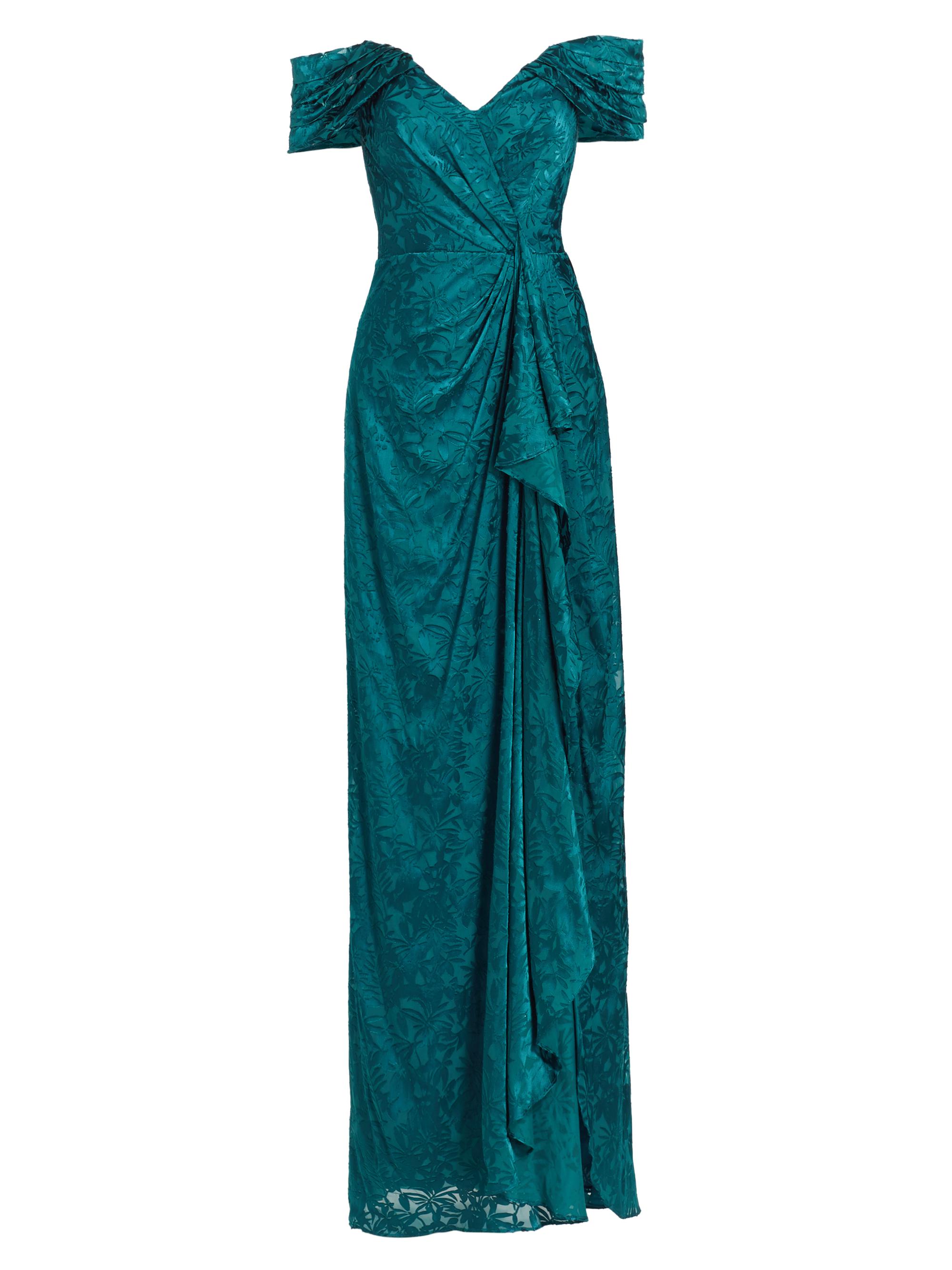 Rene Ruiz Collection Women's Draped Burn-Out Silk Off-The-Shoulder Gown - Dark Teal