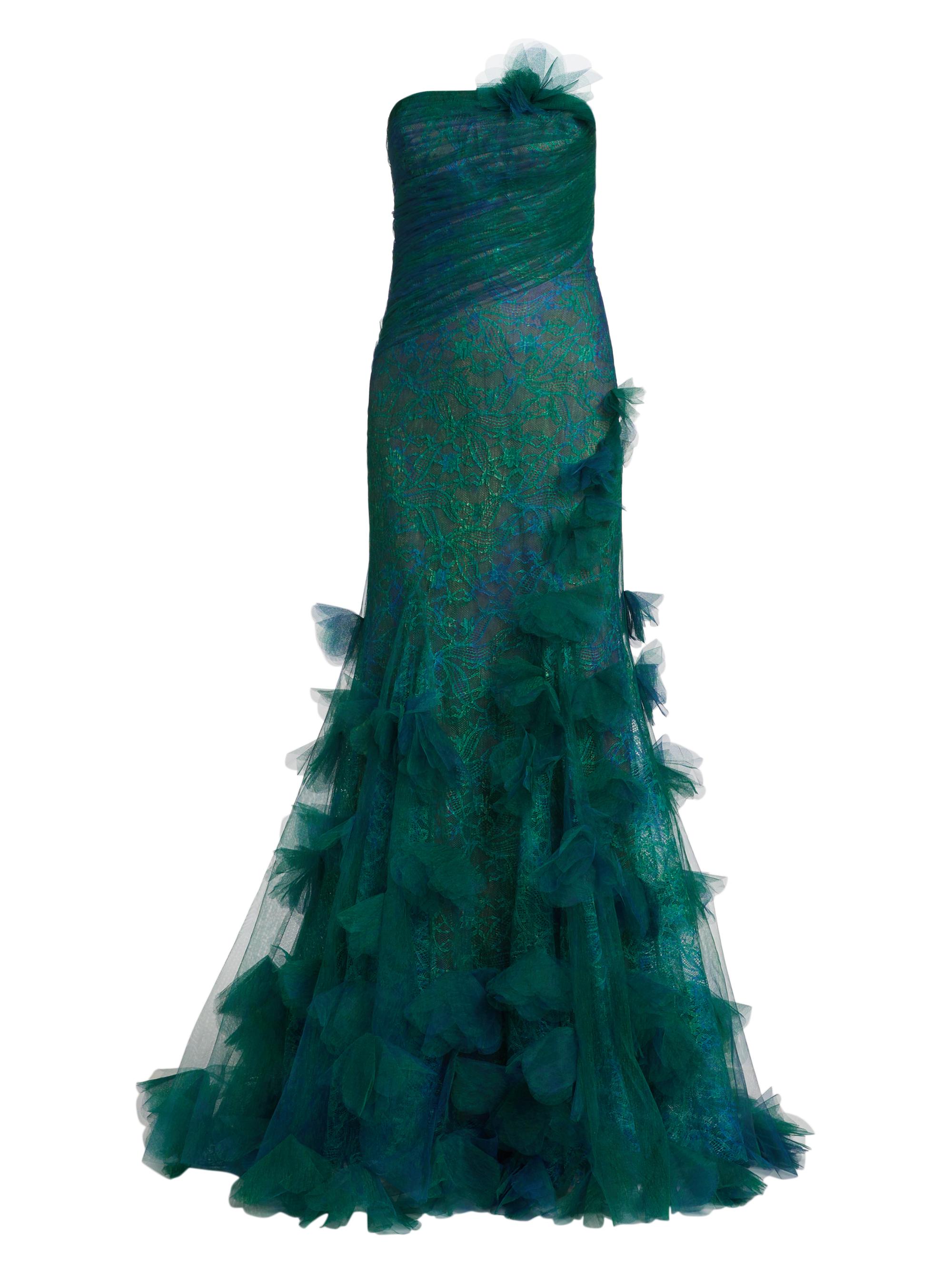 Rene Ruiz Collection Women's Printed Lace Strapless Fit & Flare Gown - Teal