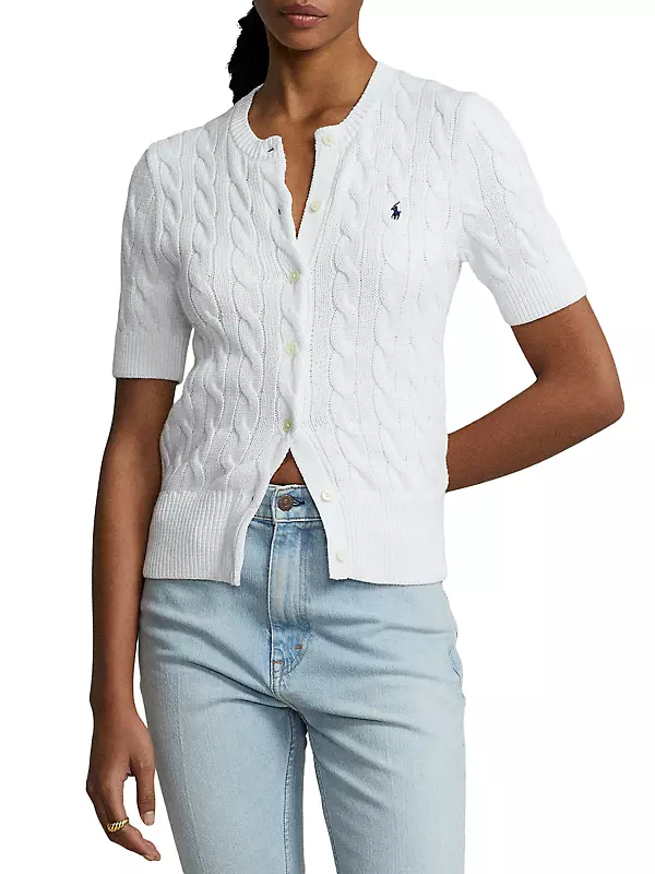 Polo Ralph Lauren Women's Cotton Cable Knit Short Sleeve Cardigan - White - Size XL