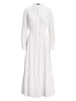 Shop Polo Ralph Lauren Cotton Eyelet Long-Sleeve Maxi Dress | Saks Fifth  Avenue