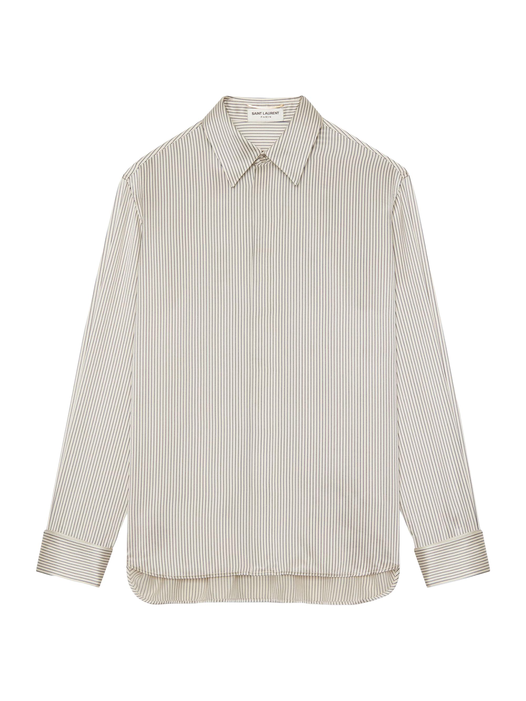 Saint Laurent Women's Boyfriend Shirt In Striped Silk Satin - Craie Marine