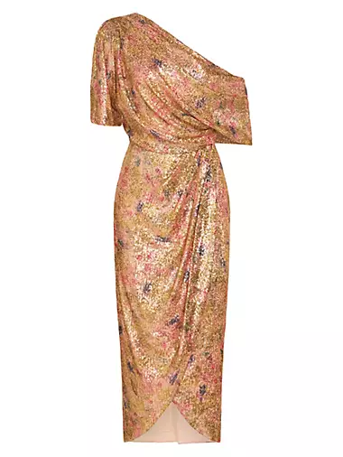 Jade Draped Printed Sequined Midi-Dress