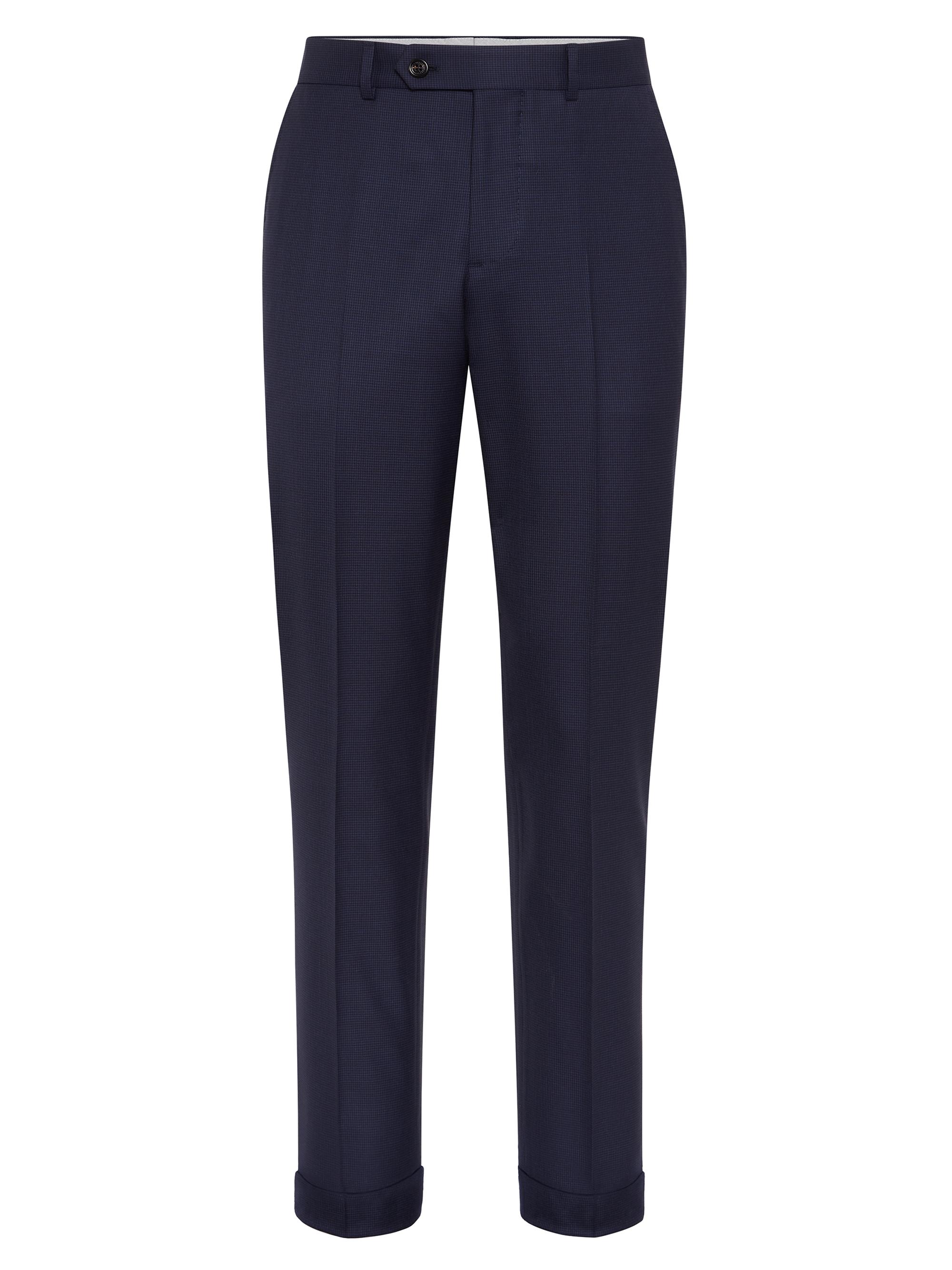 Brunello Cucinelli Men's Virgin Wool Houndstooth Formal Fit Trousers - Navy Blue