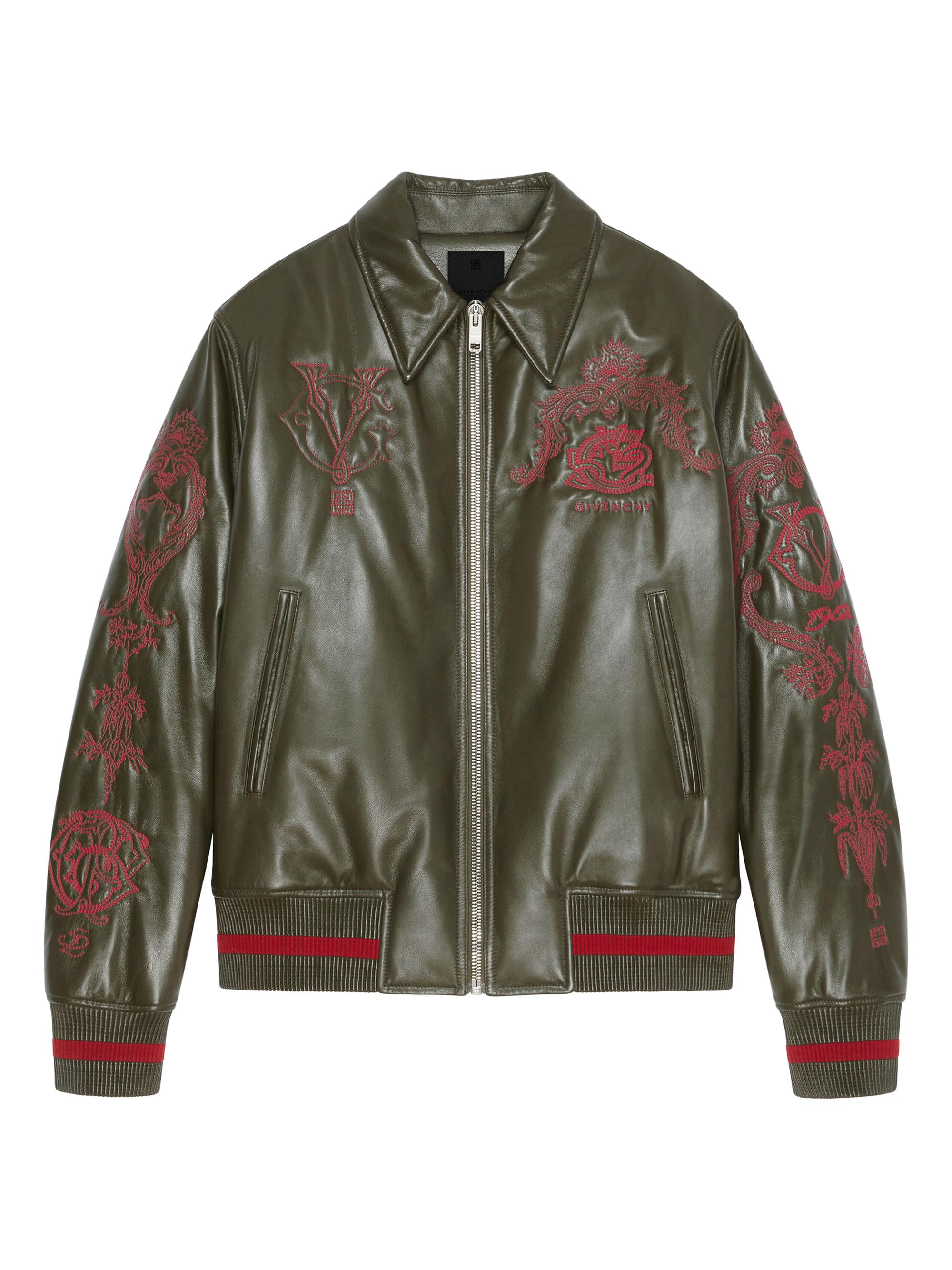 Givenchy Men's Crest Bomber Jacket In Embroidered Leather - Olive Green